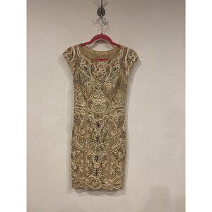 Sue Wong Nocturne Dress Womens 4 Gold Beaded Sequin Embellished Sheath Cocktail